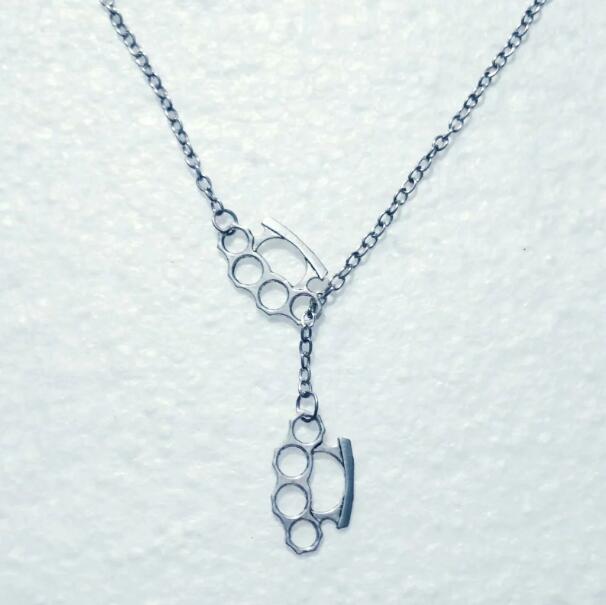 Fashion Vintage  Double Brass Knuckle Dusters Pendant Adjustable Cross Lariat Necklace For Women Men Goth Jewelry