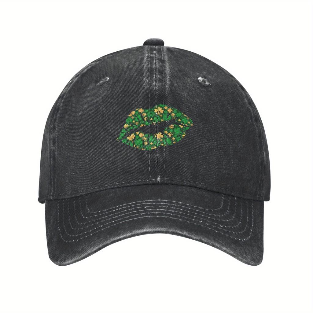 St Patricks Day Lips Print Washed Baseball Cap Vintage Casual Adjustable Cotton Hat Unisex