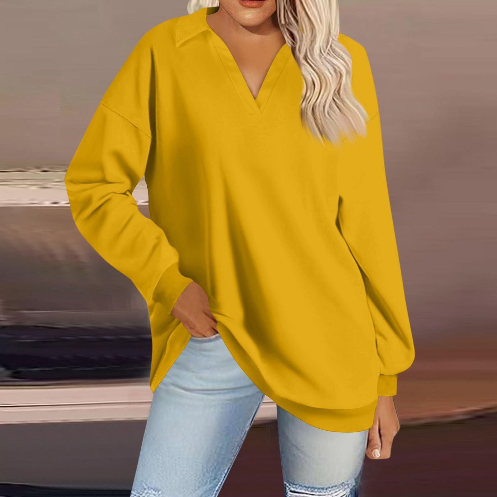 

Женская мода однотонный V-образный вырез длинный рукав свободный пуловер свитшот топ XL жёлтый
