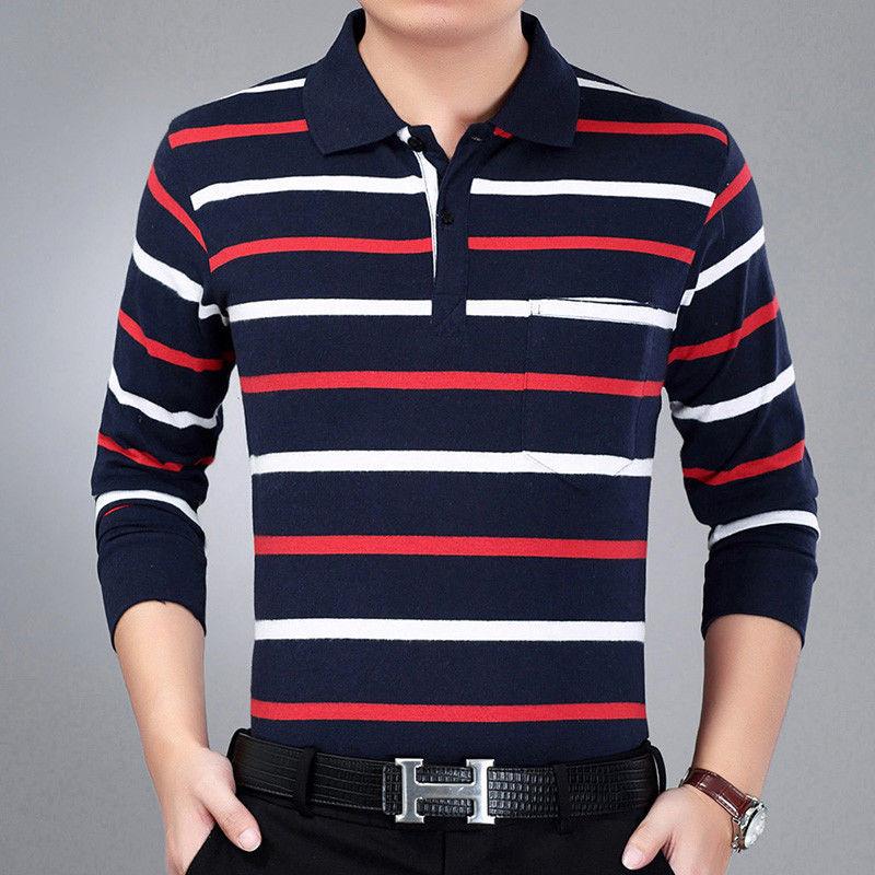 Moda Hombre Nuevo Negocios Camisas Polo Rayadas Coreano Primavera Otoño Casual Manga Larga Solapa Bolsillos Ropa Masculina Algodón Tops 2025