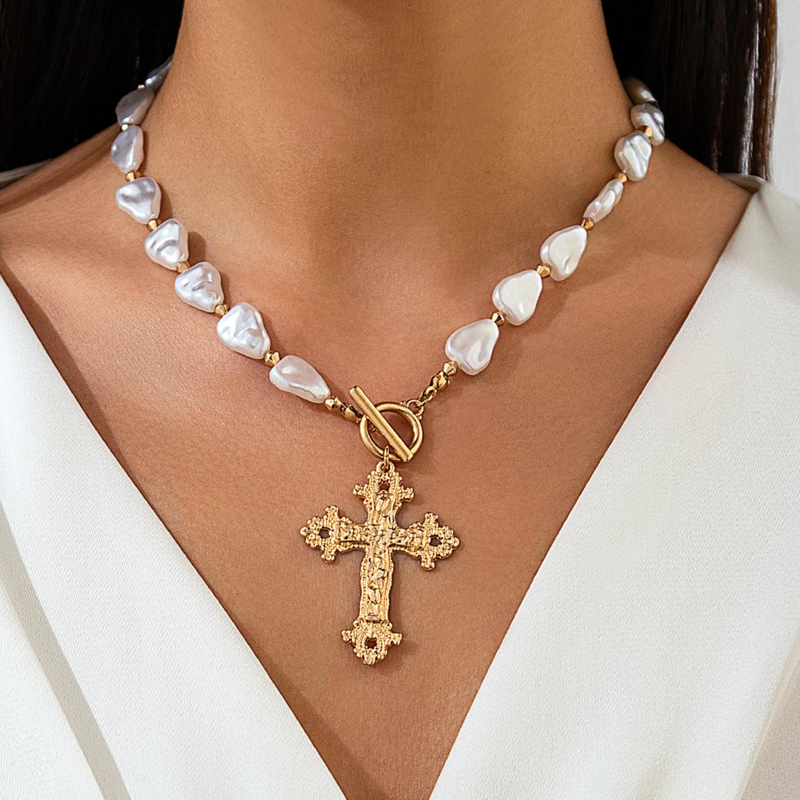 

Ingemark Creative Baroque Imitation Pearl Chain Necklace Women Wed Bridal Goth Cross Jesus OT Buckle Pendant Choker Neck Jewelry