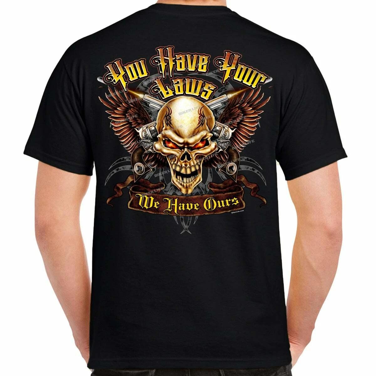 Skull Laws 2nd Amendment Motorcycle Gun Biker T-Shirt XL