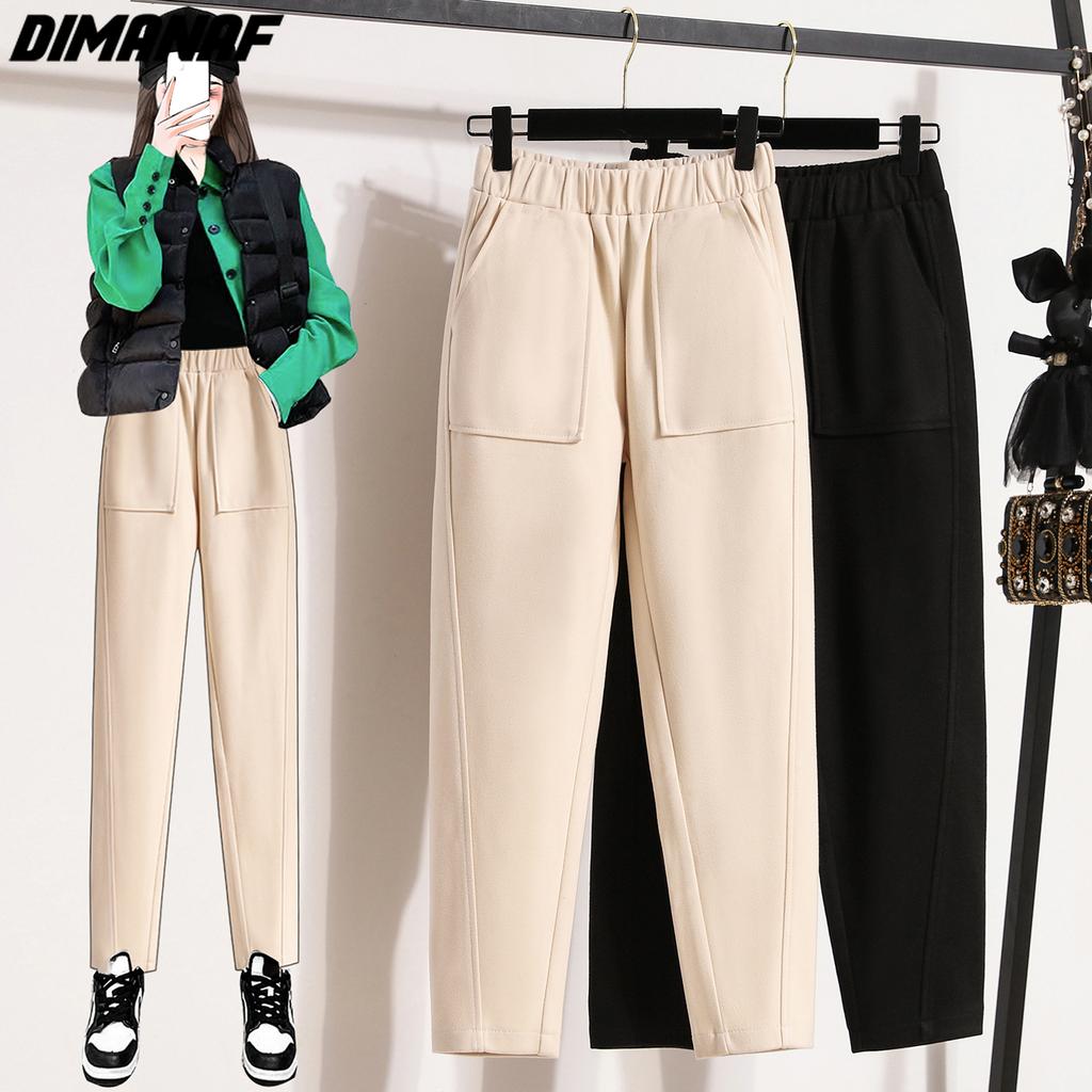 Dimanaf 2024 Talla Grande Invierno Pantalones Largos Mujer Cintura Elástica Sueltos Casual Sólidos Pantalones Harem Pantalones de Algodón Gruesos de Lana