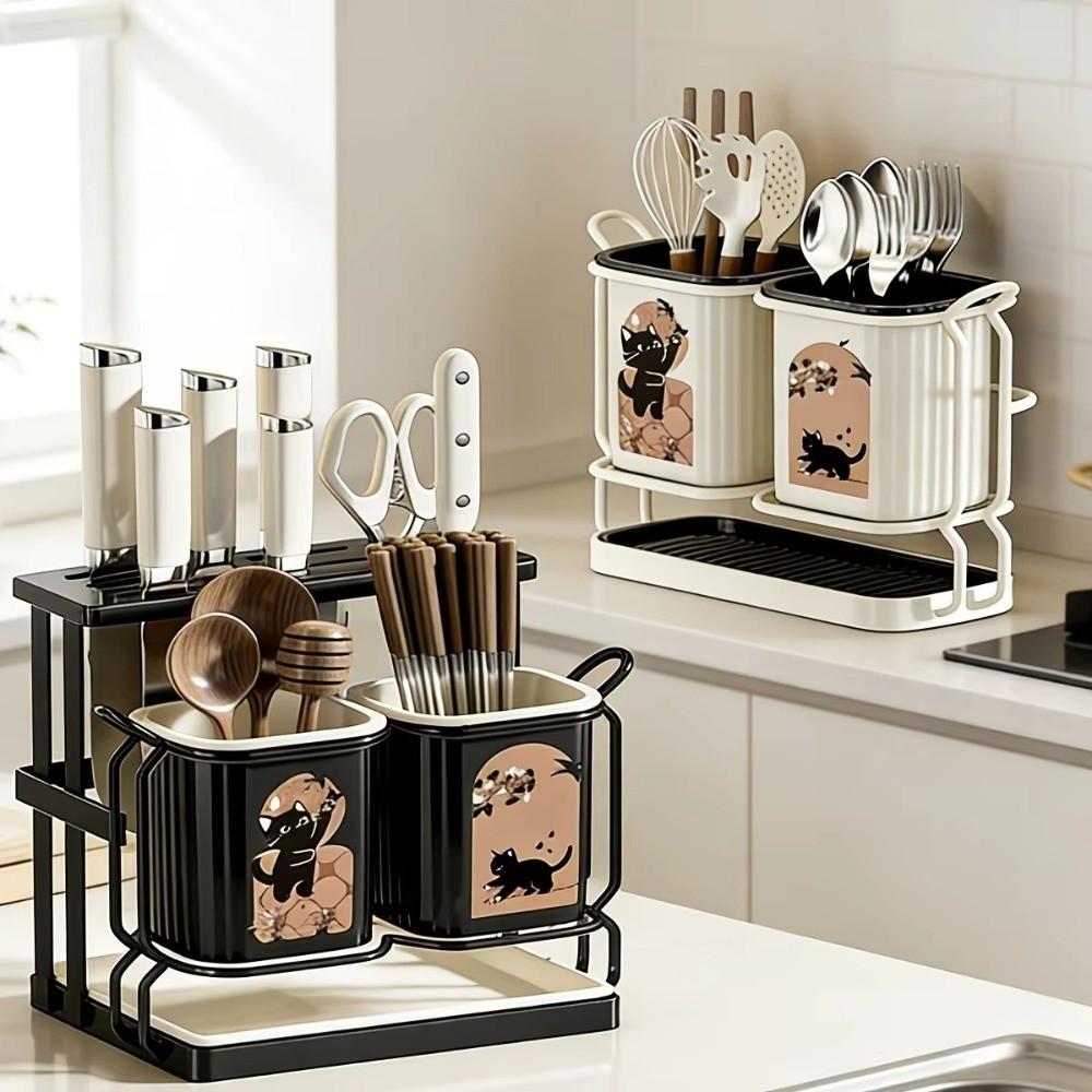 Carbon Steel Kitchen Utensil Holder Detachable Cute Cat Pattern Cutlery Organizer Standing No-drill Utensil Stand