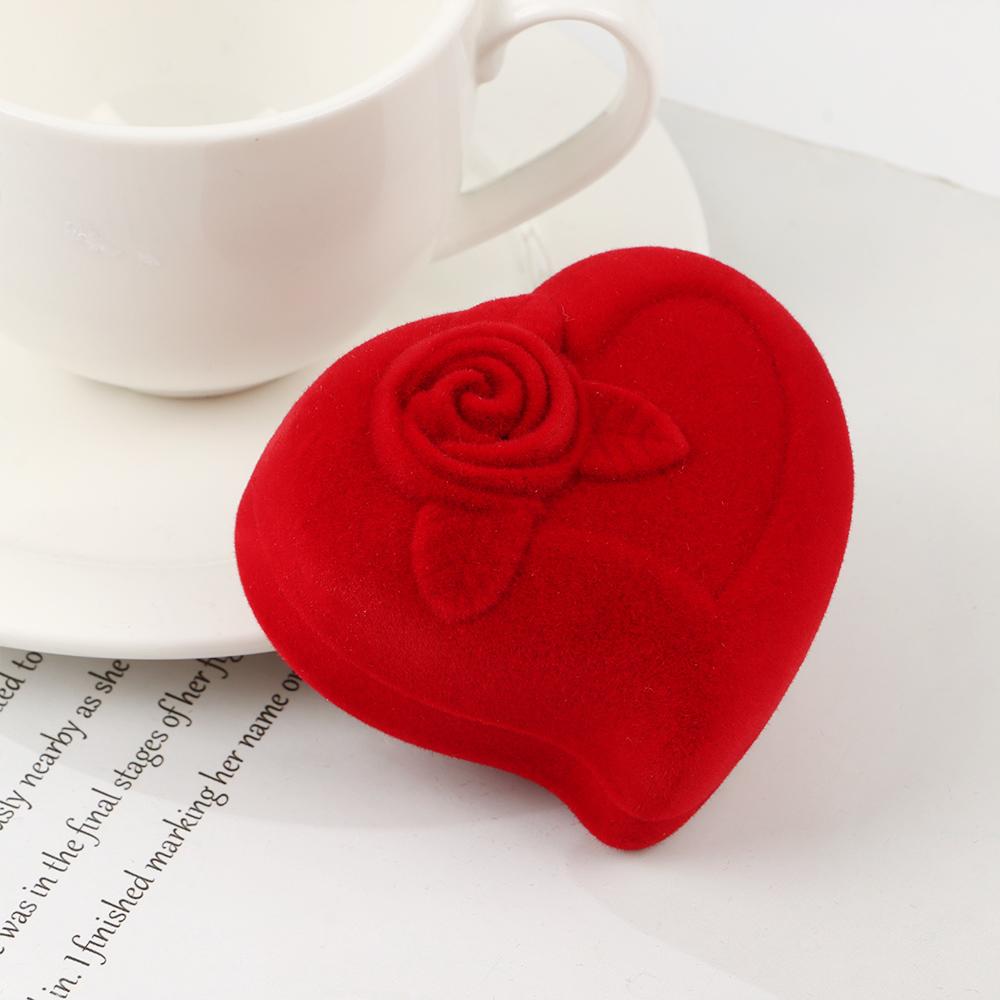 Heart Shape Wedding Velvet Jewelry Box Red Rose Double Ring Storage Box Ring Display Box