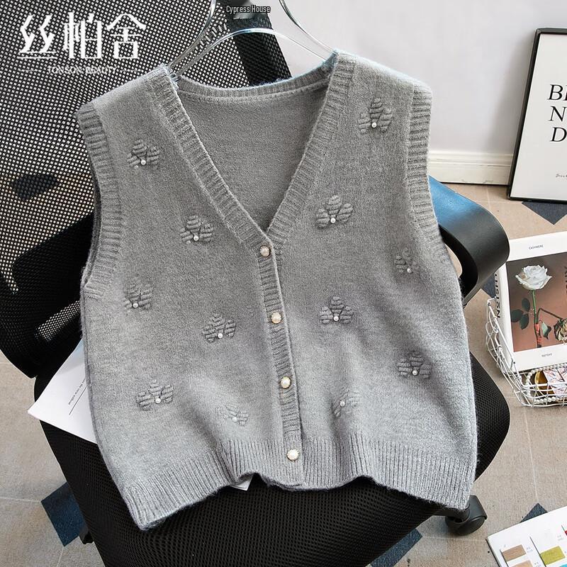 

Женский вязаный жилет с коротким рукавом и V-образным вырезом, украшенный бисером M