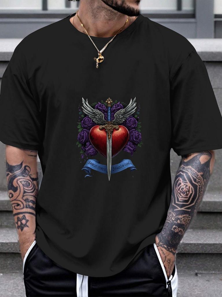 Heart Sword Winged Roses Black T-shirt - 180g Cotton