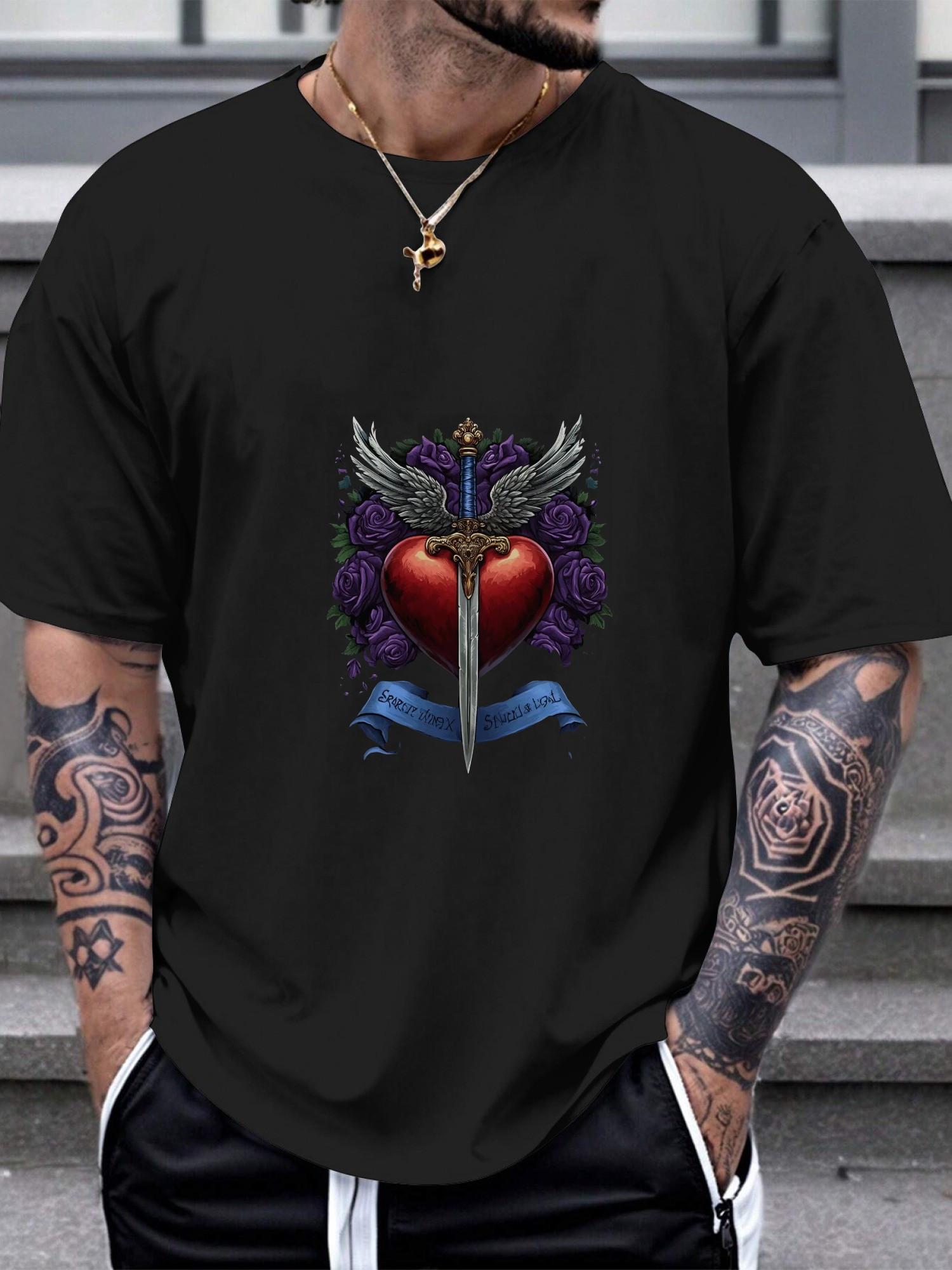 Heart Sword Winged Roses Black T-shirt - 180g Cotton S