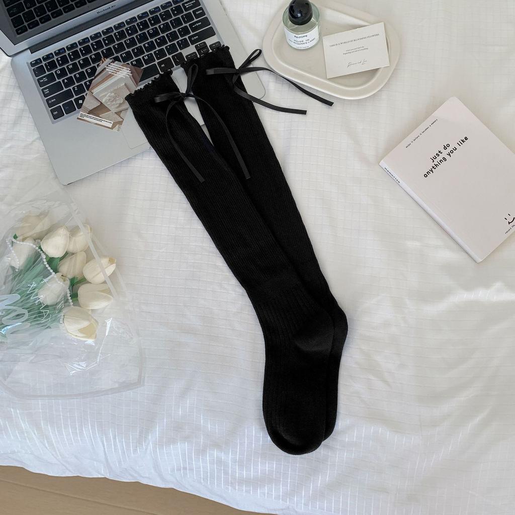 In The Early Autumn Of 2025, New Products, Fungus Edge Calf Socks, Bow Splicing, High Tube Solid Color Jk Knee Socks, Stacking Socks