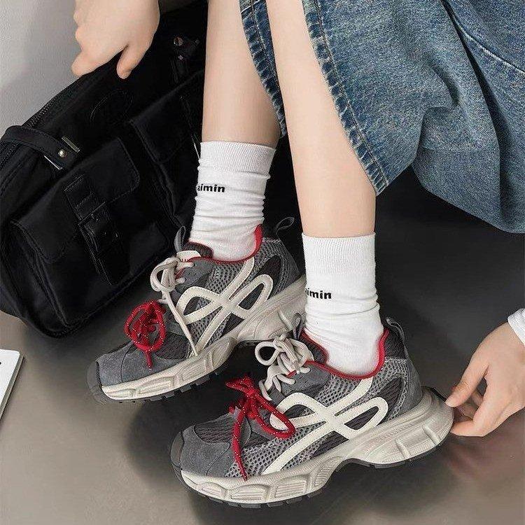 European Thick-soled Mesh Leather Dad Shoes Women's 2025 Autumn New Lace-up Heightening, Lightweight and Comfortable Sports and Leisure Shoes
