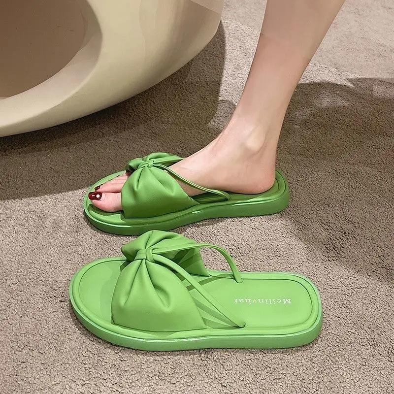

Flat House with Bow Women s Slippers and Ladies Sandals Open Toe Home Slides Green Outside on Beach Shoes B Pvc Clappers W I F G 35