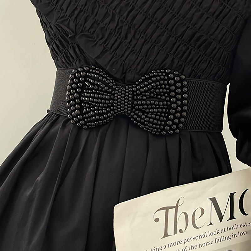 Women Pearl Bow Belt Elegant Wide Elastic Waist Cincher Fashion Accessory Dress Sash Wedding Party Waistband Stylish Adjustable All-Match Solid Color