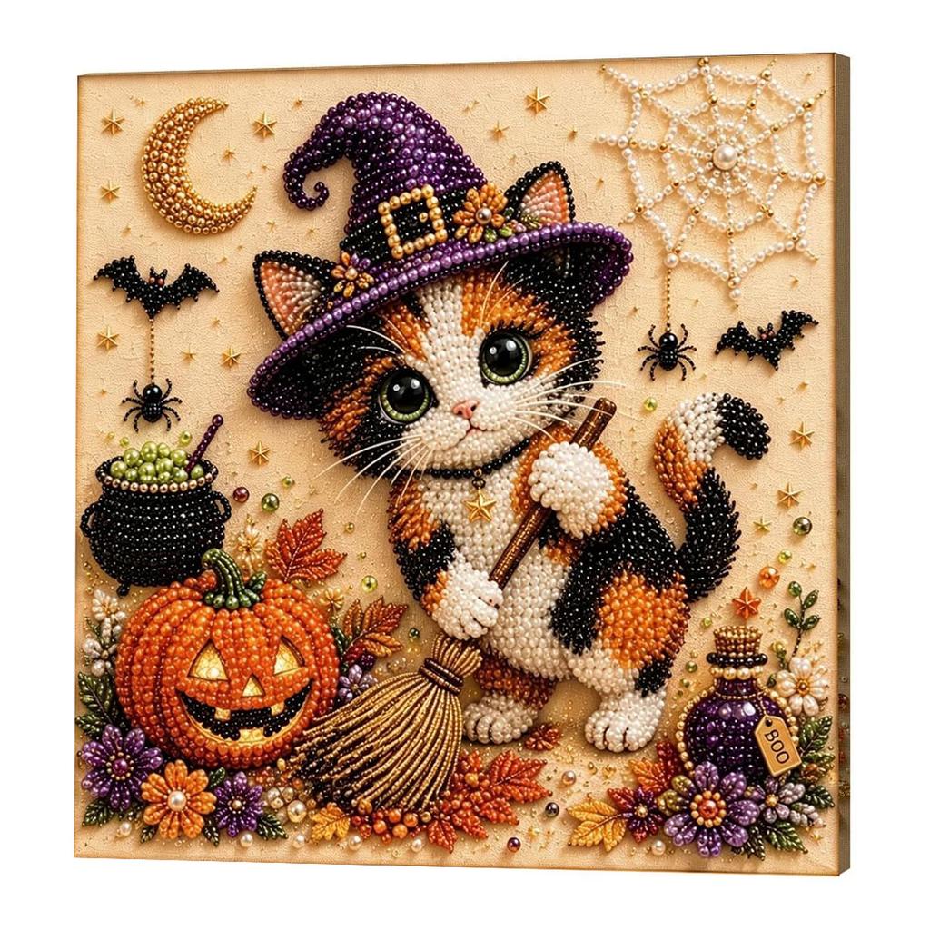 DIY Diamond Painting Kit Halloween Cat Pearl Diamond Painting, Partially Pre-Punched Canvas, Perfect for Home Decor and Holida