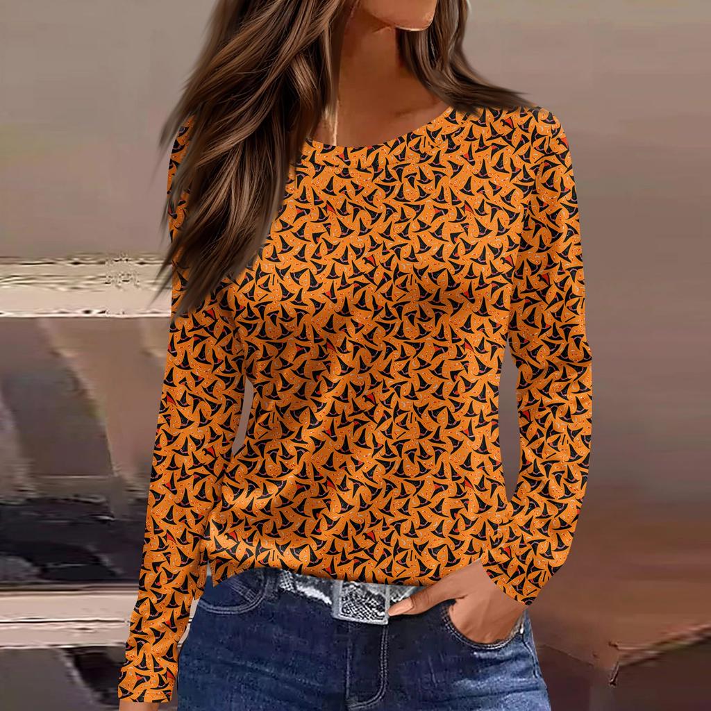 Women's Fashion Hem Slit Casual Halloween Printed Round Neck Long Sleeve Top