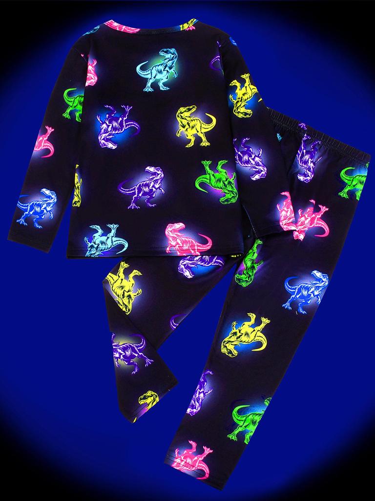 Flame-Retardant Milk Silk Kids' Dinosaur Pajama Set - Green Fluorescent, Long Sleeve & Pants
