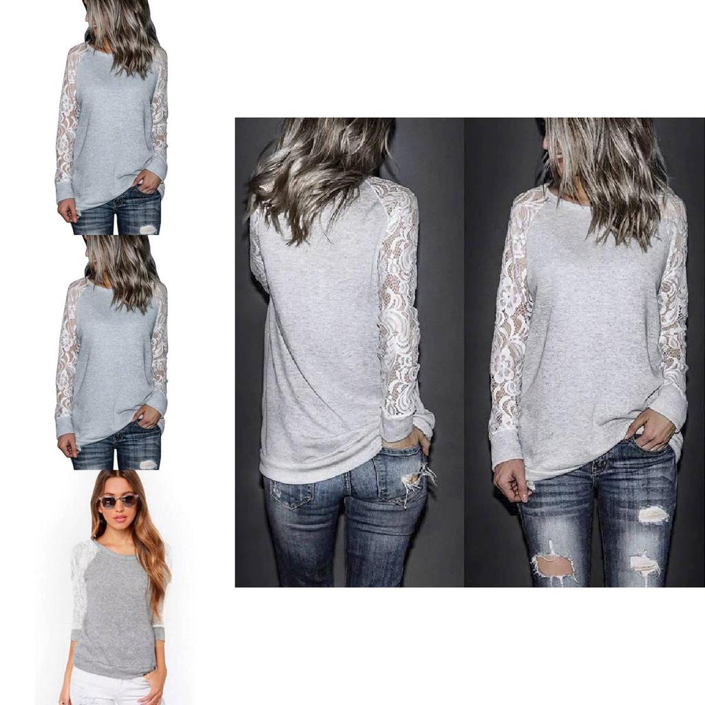 Grey Trim Lace Crew Neck Fitted Tshirt Blended Fabric Hoodie Women Sleeve Long