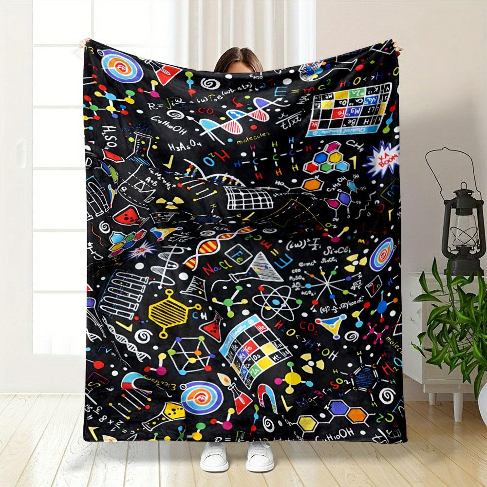 Colorful Scientific Doodles with Molecules, Formulas, and Laboratory Tools. for All Seasons Blanket Lunch Break Throw Gift