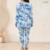 Women Plus Size Blue Pink White Printed Two Piece Set Round Neck Long Sleeve Longline Top Fitted Long Pants