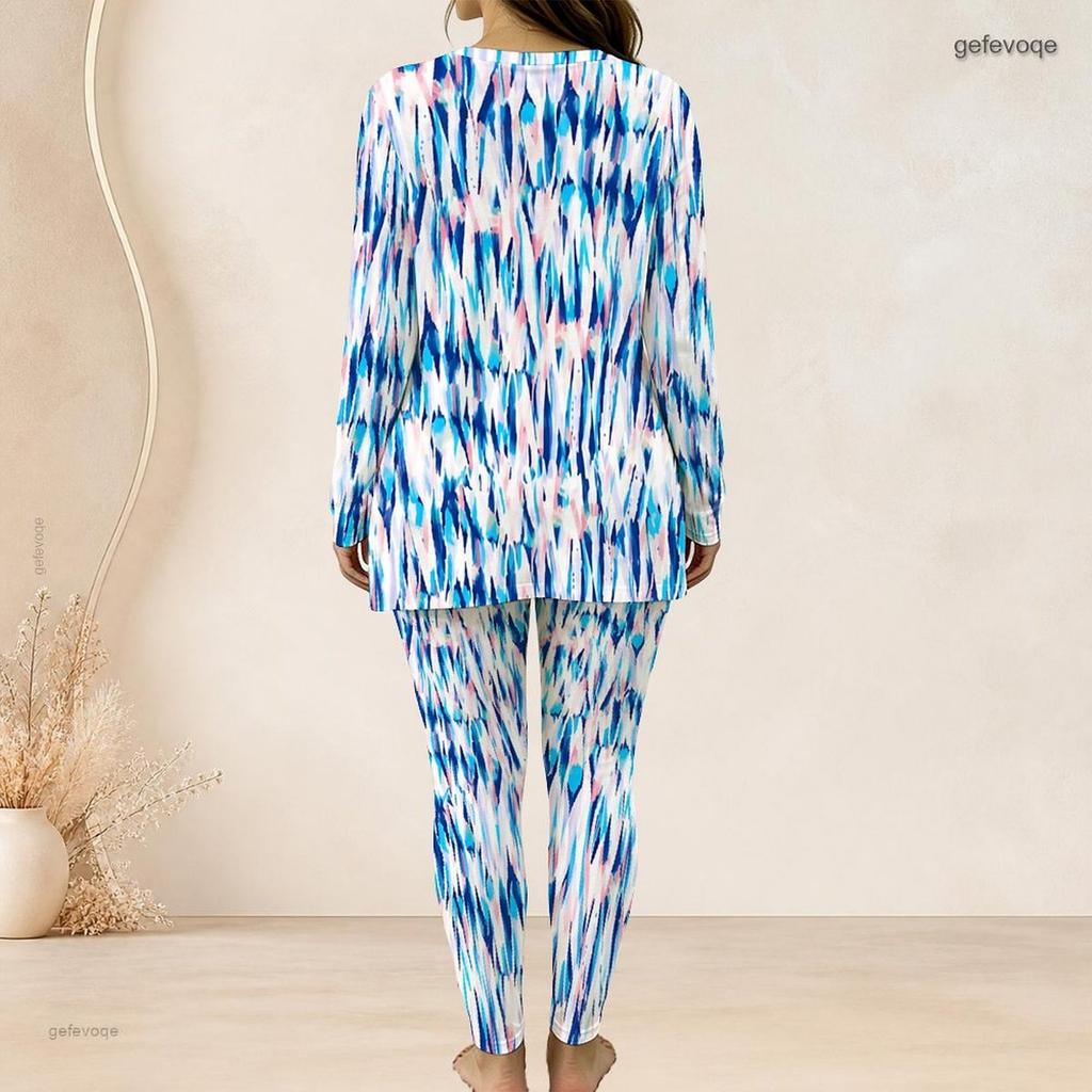 Women Plus Size Blue Pink White Printed Two Piece Set Round Neck Long Sleeve Longline Top Fitted Long Pants