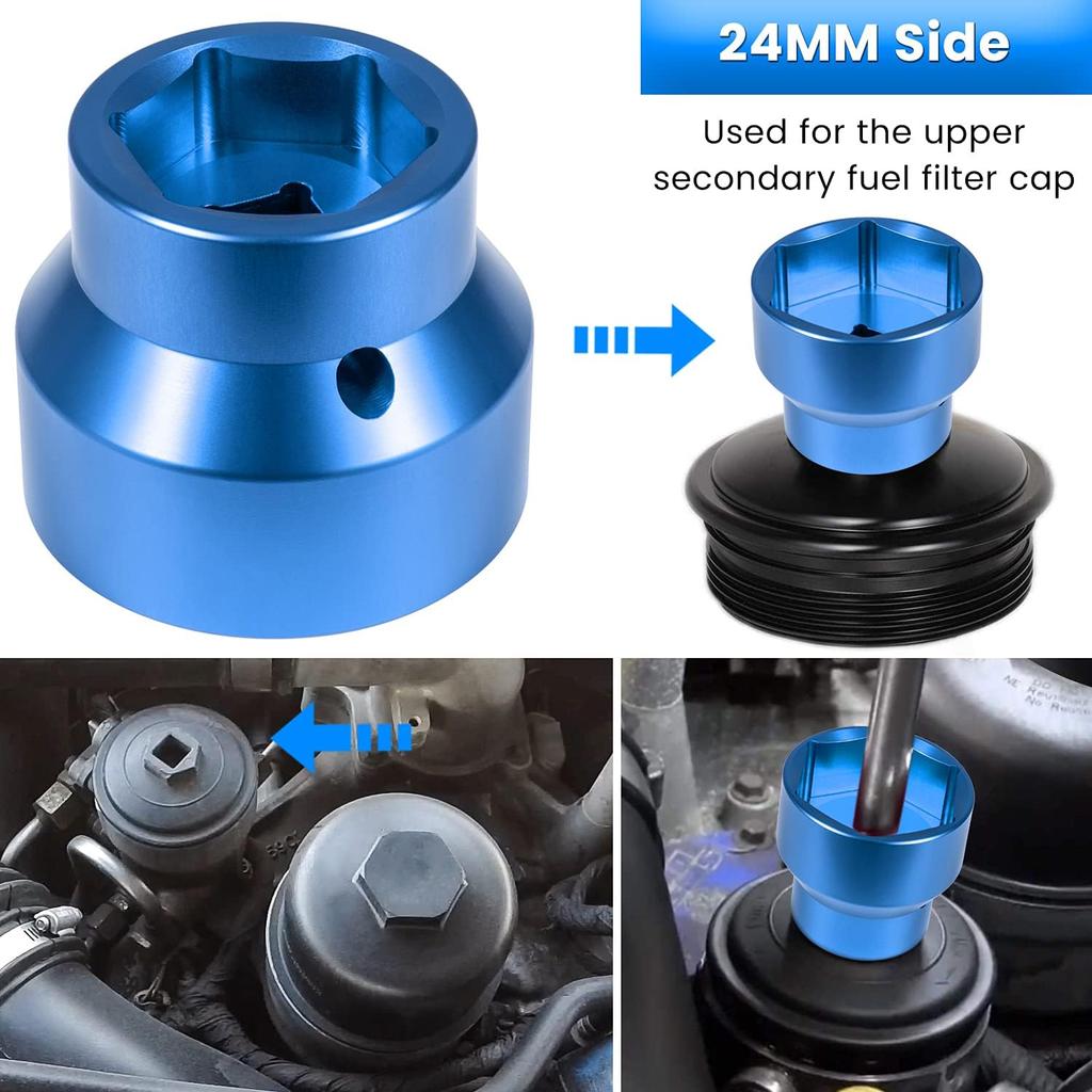 Fuel Filter/Oil Filter Socket 24Mm / 36Mm Reversible Fuel Filter Cap Remover And Taller Assistant For 2003-2010 6.0L / 6.4L Ford Powerstroke Diesel