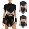 Dames Kunstschaats Leotard Lange Mouw Pailletten Kwastje Bodysuit Openbare Kruis Achterkant Rits Contrasterende Kleur Strass Jumpsuit
