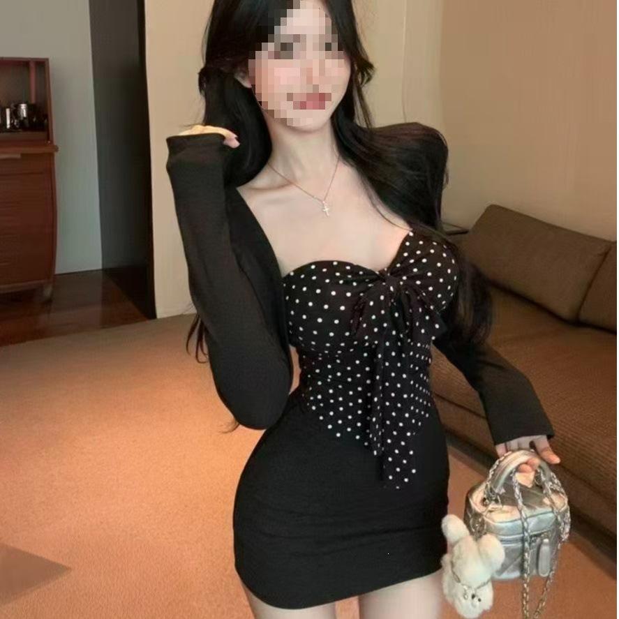 Pure desire storm point tube top bow top splicing hip skirt two-piece set Spice girl slim and thin suit