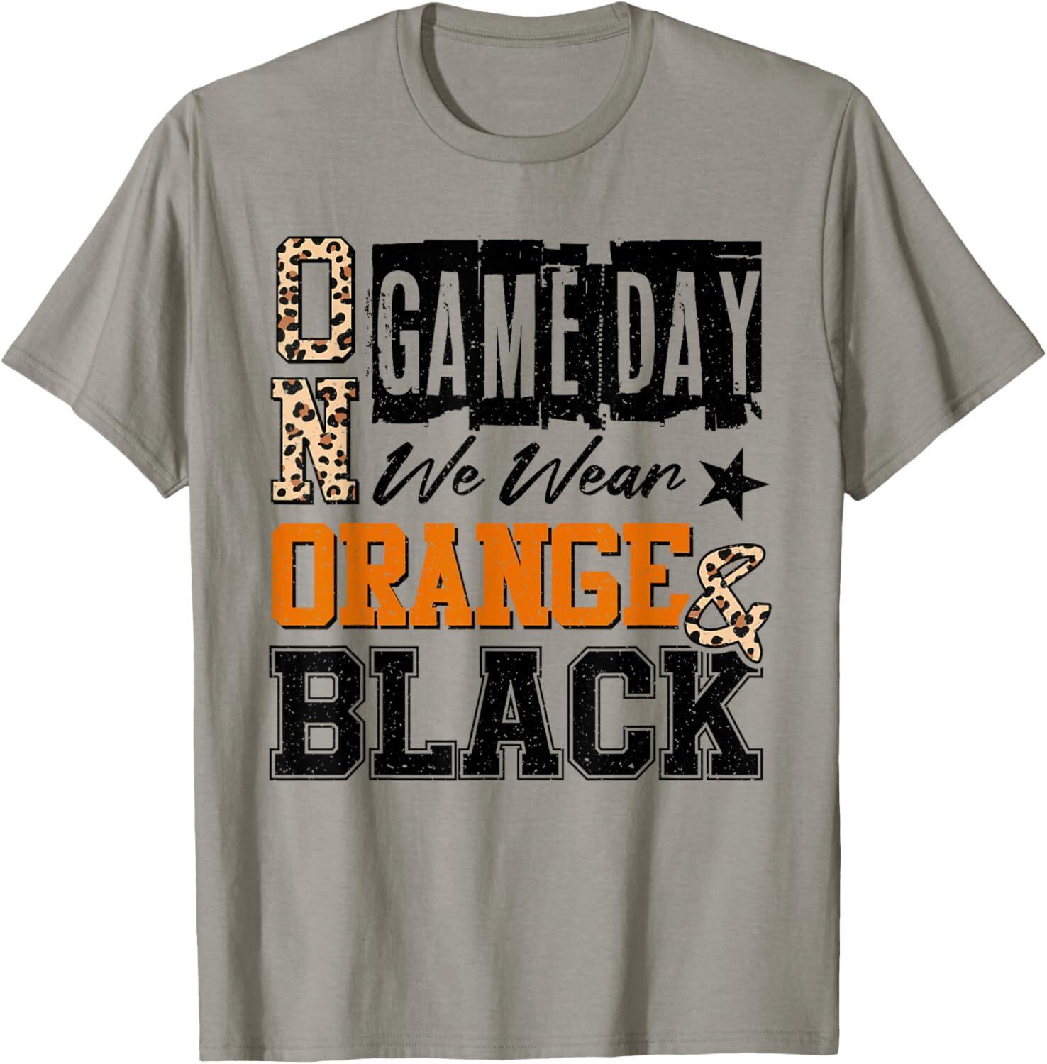 

On Gameday Football We Wear Orange And Black School Spirit T-Shirt Mens Womens Tees Top Tops Tee 2XL