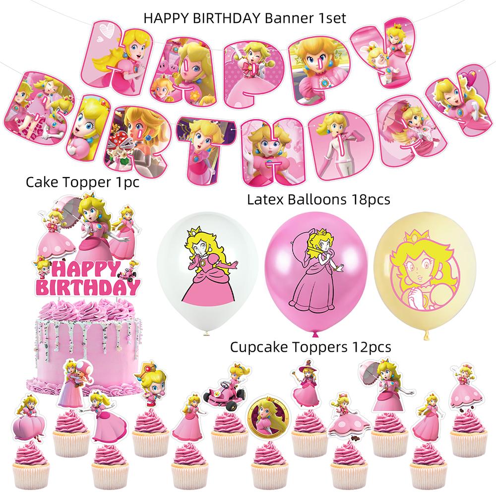 32pcs Princess Peach Party Supplies Includes Banner Cake Topper Balloon for Kind