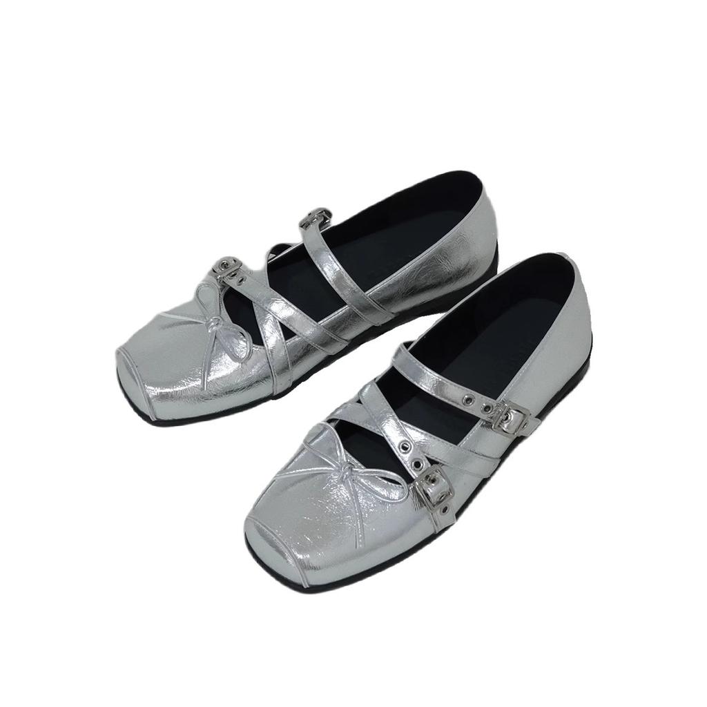 Red bow small single shoes women's spring and summer leather retro one-word shallow rivet ballet 2025 spring and autumn flats