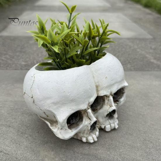 Gothic Style Gift Double Skull Flowerpot for Succulents Green Plants, Realistic Resin Planter, Small Pot Plant Halloween Party & Indoor Outdoor