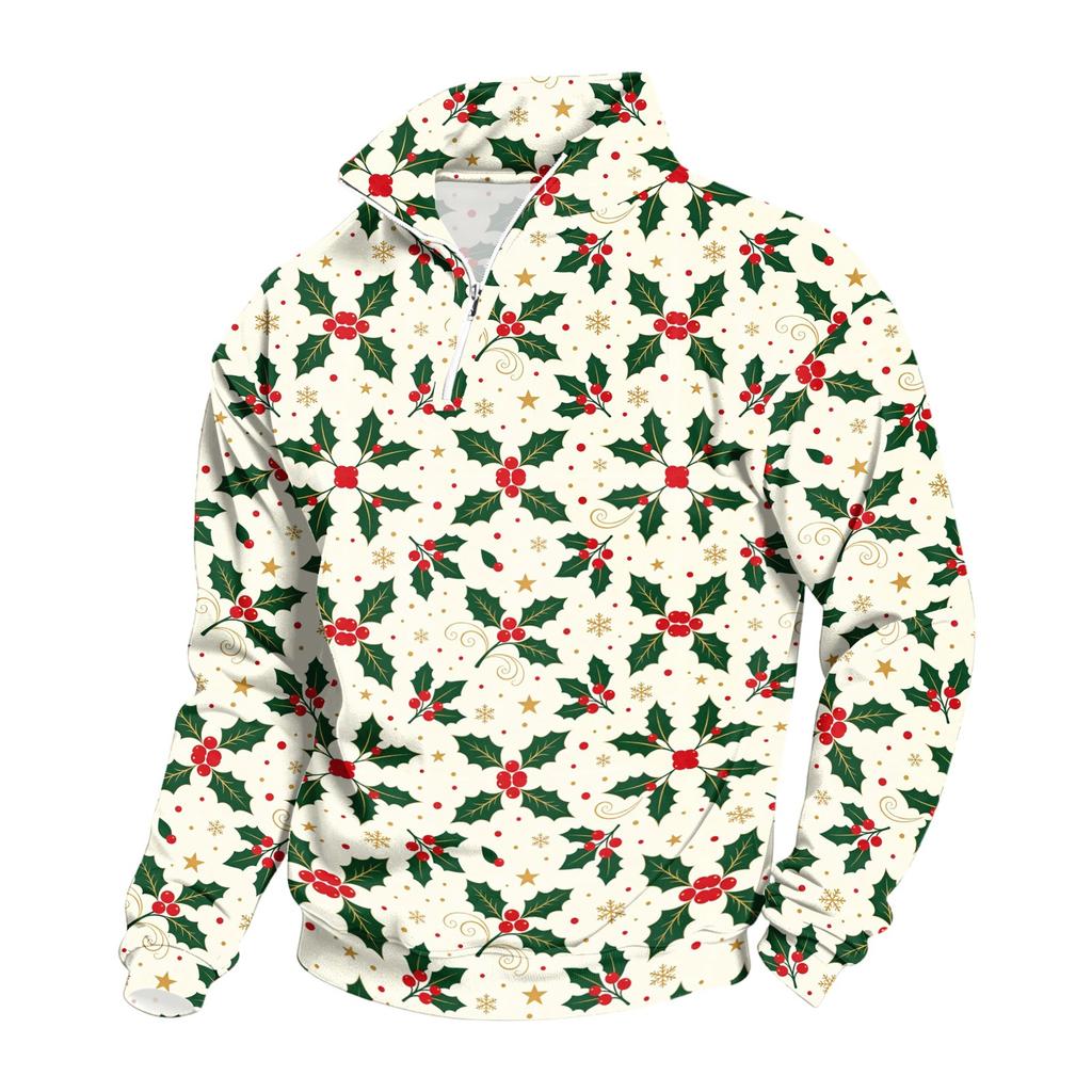 Men's Casual Stand Collar Sweatshirt with Christmas Print for Holiday Wear