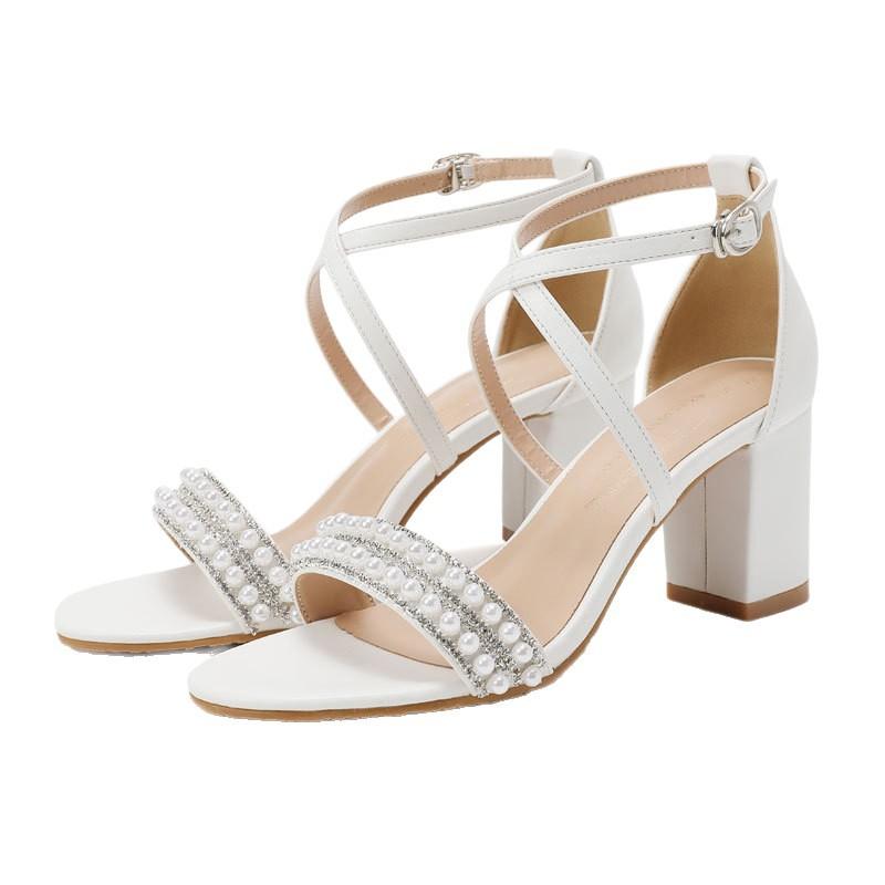 Foreign trade sandals 2025 new women's summer white high heels classic thick heel wedding shoes pearl word belt large size shoes 43