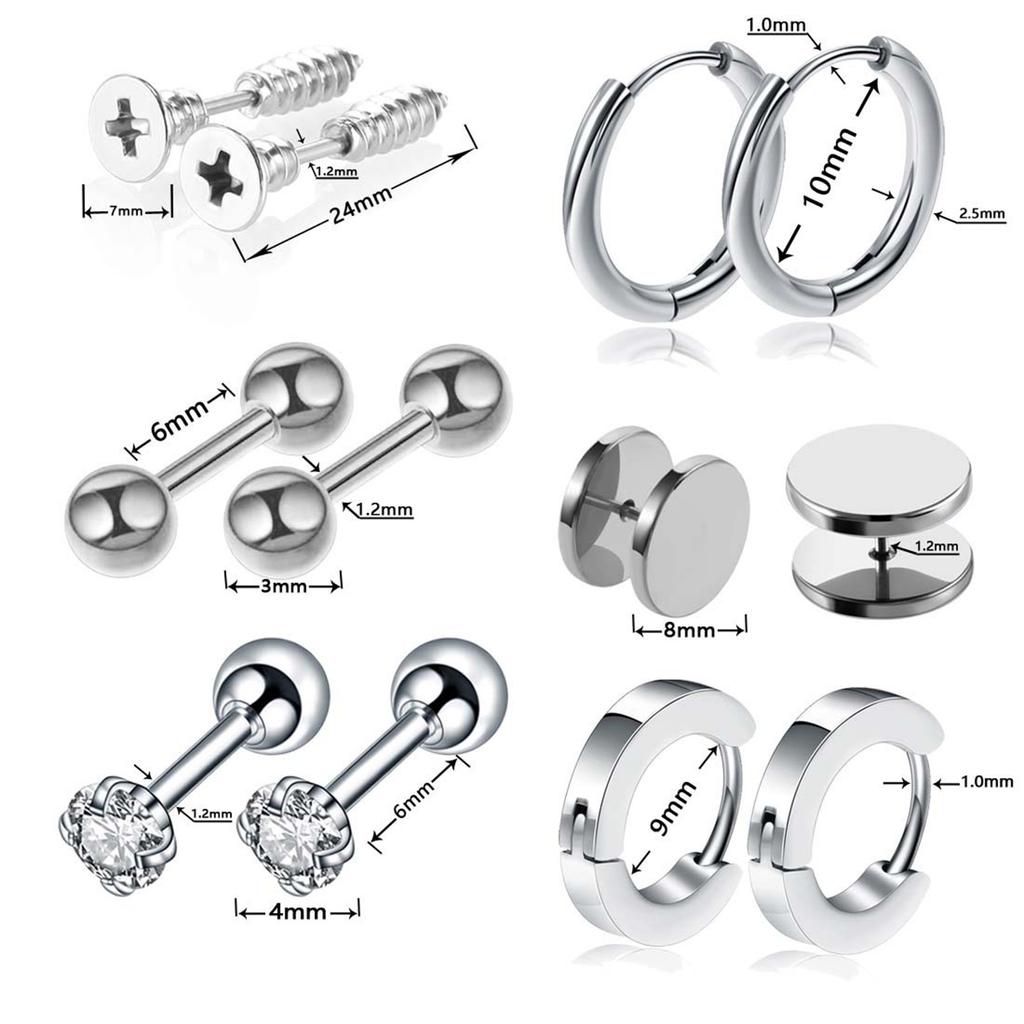6 Pairs Stud Earring Set Stainless Steel Zircon Pierced Jewelry Unisex Ear Accessories