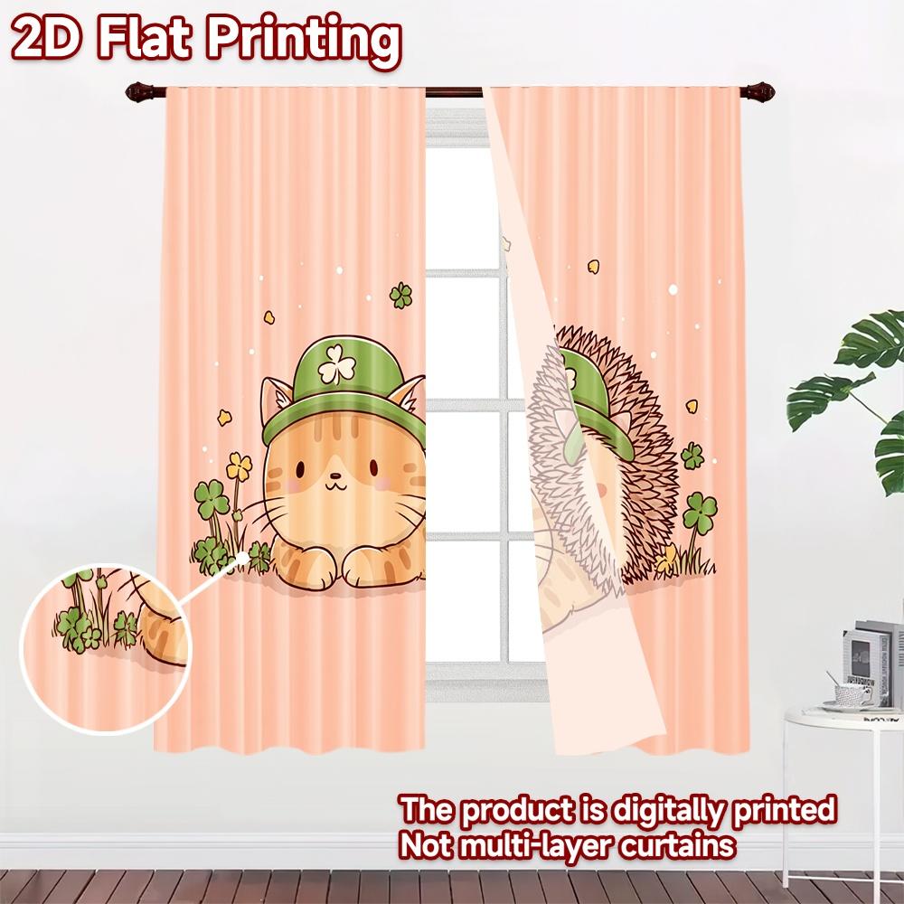 2D flat printing 2pcs Curtain Cute Cat Hedgehog Shamrock Digital Printed Polyester Drapes Festive Wall Decor Use for Photo