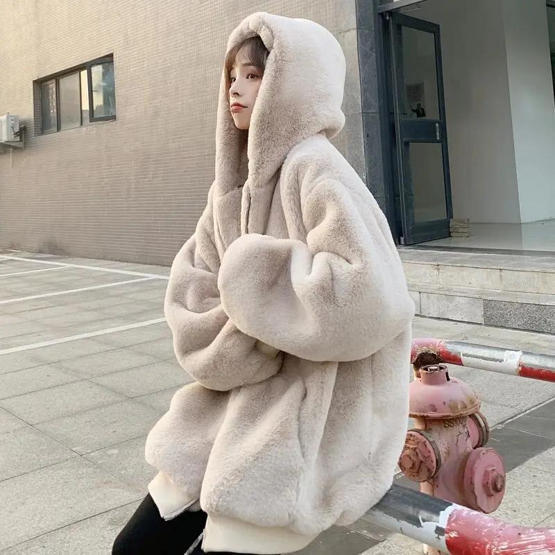 Korean Loose Thick Plush Coat for Women Winter Imitation Fur Rabbits Grass Coat Female Warm Zipper Jacket Hooded Parka Overcoat
