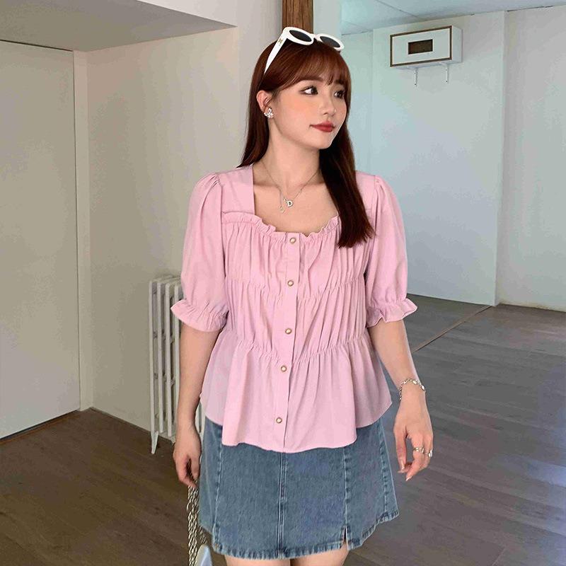Plus Size Women Short Sleeve Square Neck Solid Color Shirt Summer Fashion Slim Fit Blouse