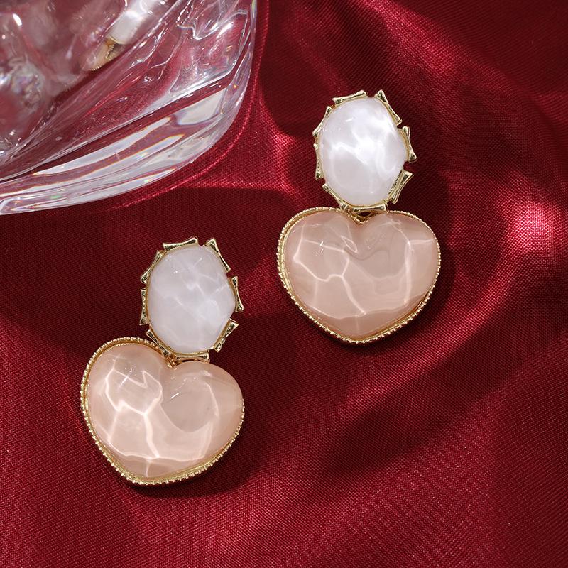 Autumn and Winter Blue Color-Block Water Ripple Heart Vintage Geometric Peach Heart Unique Light Luxury Design Earrings