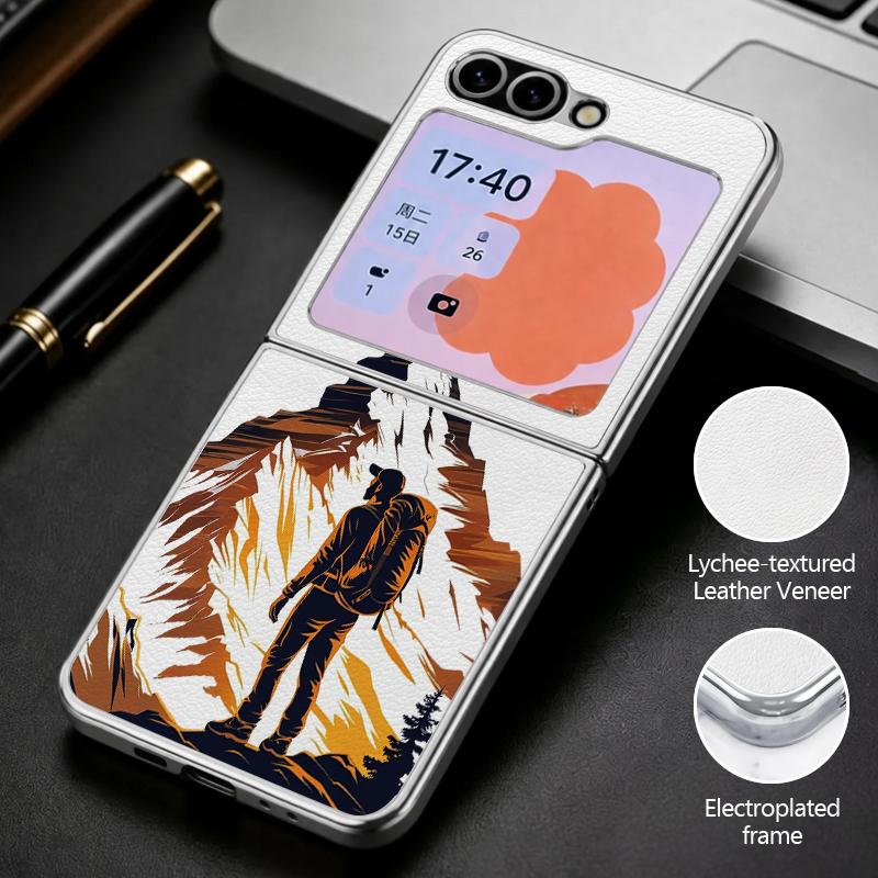 Mountain Landscape Case For Samsung Z Flip 8 7 6 5 Hybrid 3in1 Leather Skin Plating Frame Hard Folding Phone Cover For Galaxy Z Flip8 Flip7 Flip6
