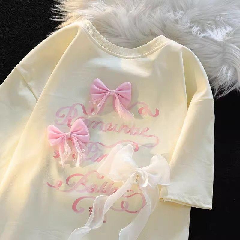 

Женские футболки с 3D-напечатанным бантом и буквами, стиль Sweet Beauty, хлопковая футболка с короткими рукавами, летняя свободная одежда с круглым вырезом XL абрикосовый