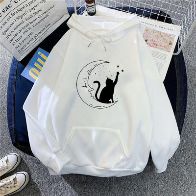 Moletom com capuz feminino com estampa de gato da lua para o início do outono, blusa casual de veludo de manga comprida para mulheres