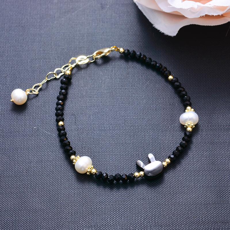 Lovely Rabbit Animal Design Black Crystal Natural Freshwater Pearl 14K Gold Filled Female Charm Bracelet Girlfriend Party Gifts