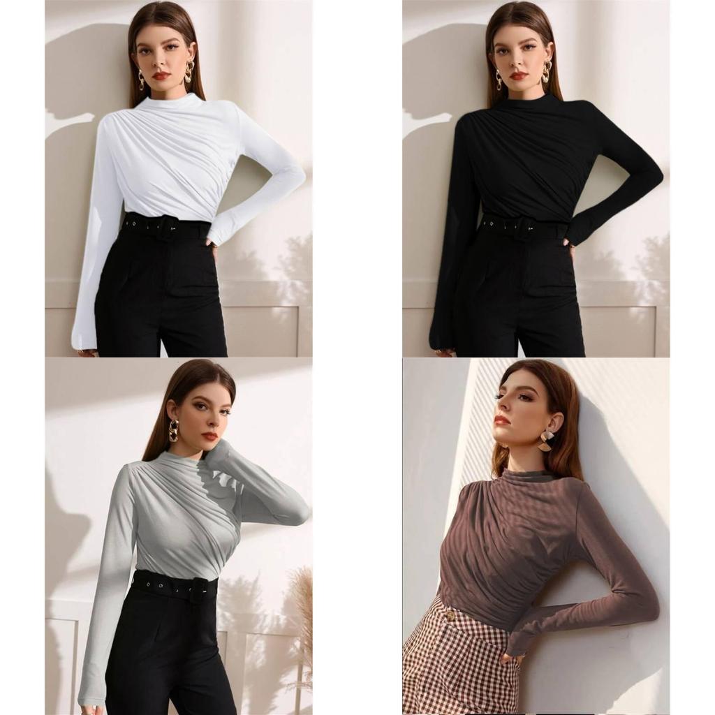 Streetwear T Shirt With Pleated Design And High Neck For Fall Casual Wear