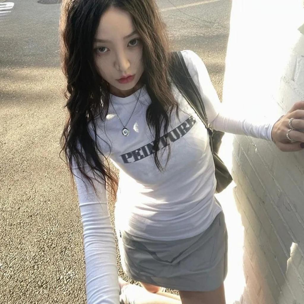 Grunge Letter Print T-shirt Korean Fashion Long Sleeve Tee Shirt Vintage Japanese Harajuku Slim Tops Kpop Streetwear Y2k