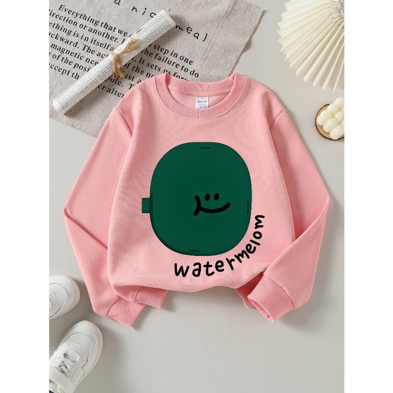 Girls Soft Crewneck SweatshirtCute Green Watermelon Smile Face Design with Cute Creative Print, Casual All-Match for Fall Winter