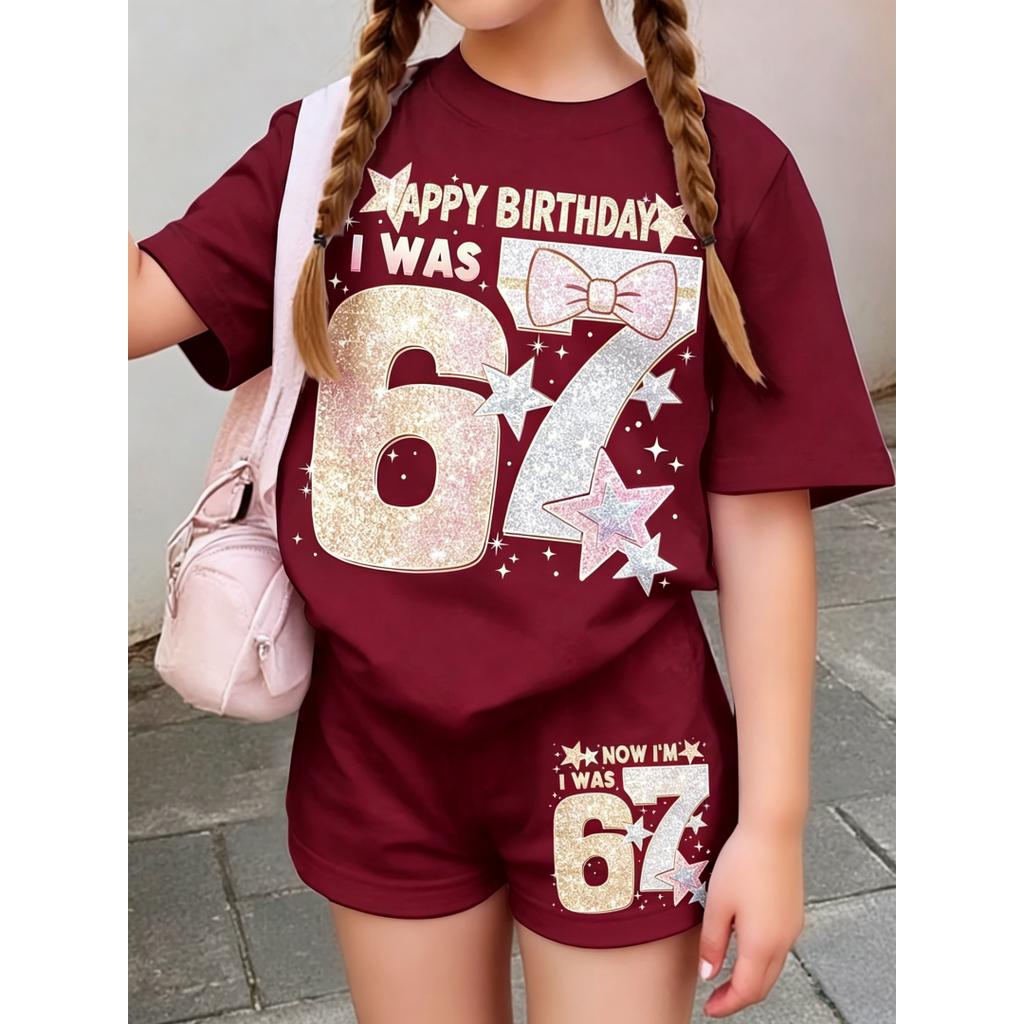 67 Children Birthday Matching Suit Number Print Short Sleeve Top and Elastic Waist Shorts Girls Celebration Party Daily Attire