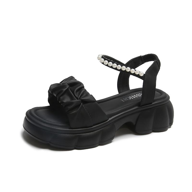 Muffin Platform Sandals Women's Summer Wear 2025 New Pearl Fashion Fairy Style Flat Bottom Gentle Style Roman Shoes