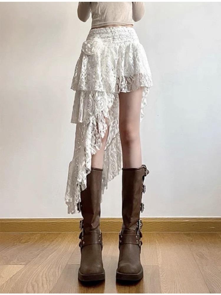 2026 Spring Lace Asymmetrical Skirt Fairycore Holiday Women Y2K Clothes High Waist Fashion Cute Mid Skirts Retro Aesthetic Lady