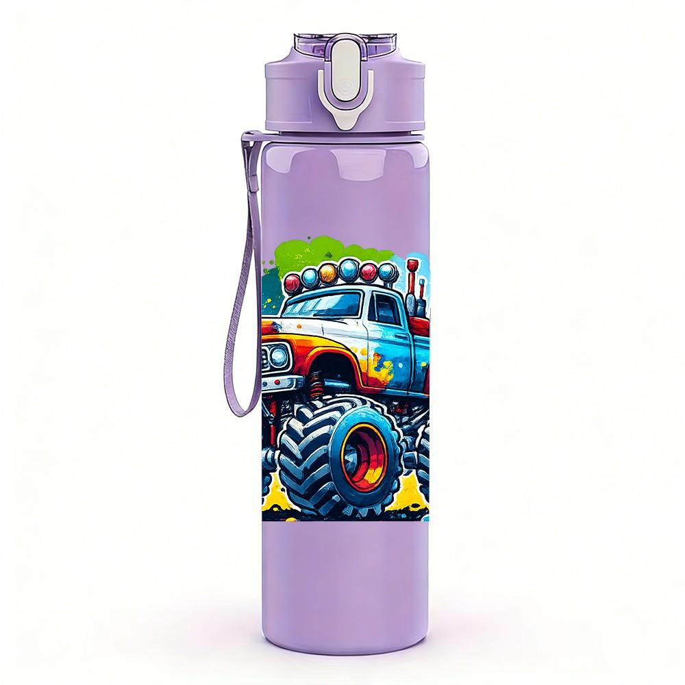 1PC Color Splash Monster Truck Print 750ml Color Plastic Sports Water Bottle Leakproof Flip Straw Lid Suitable for Sports Office Home Use