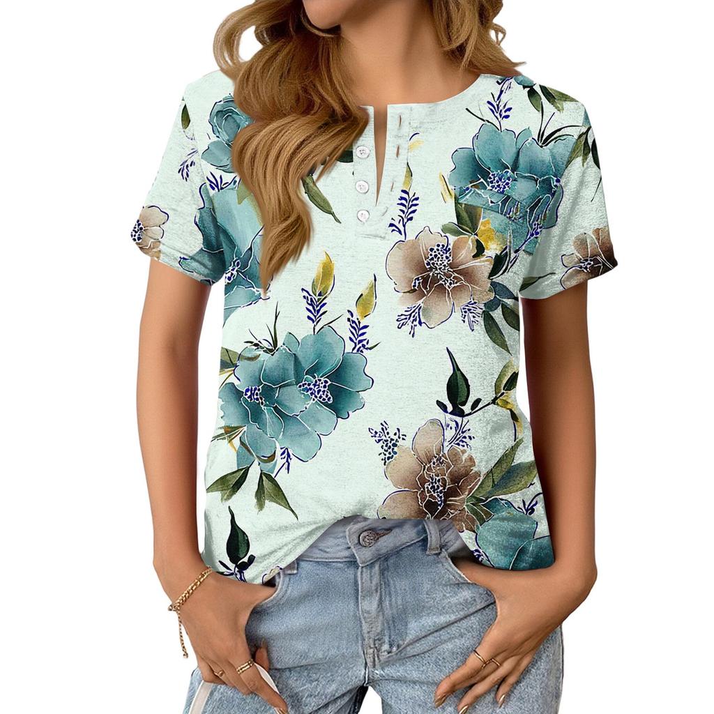 Women's Fashionable Casual Summer Floral Print V-neck Button Short-sleeved Top