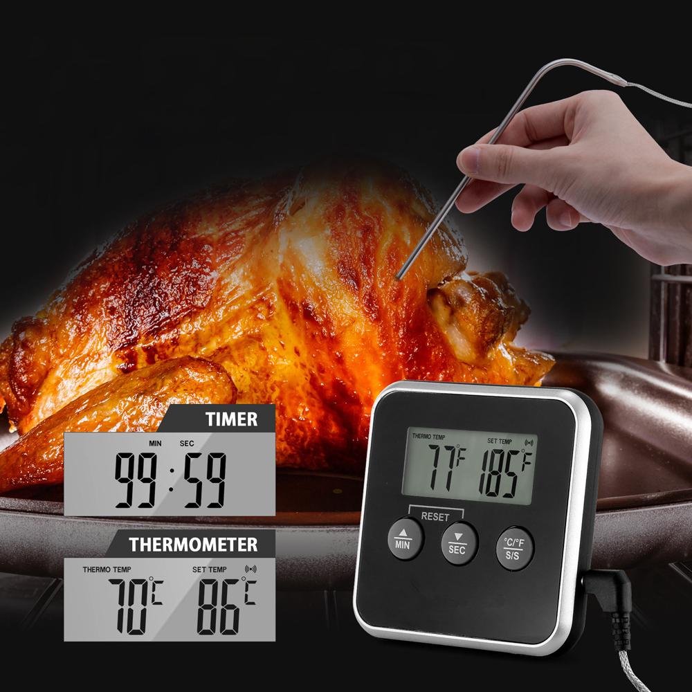 Digital Food Thermometer Probe BBQ Meat Water Oil Cooking Temperature Alarm Cooking Timer Kitchen Grill Oven Tester